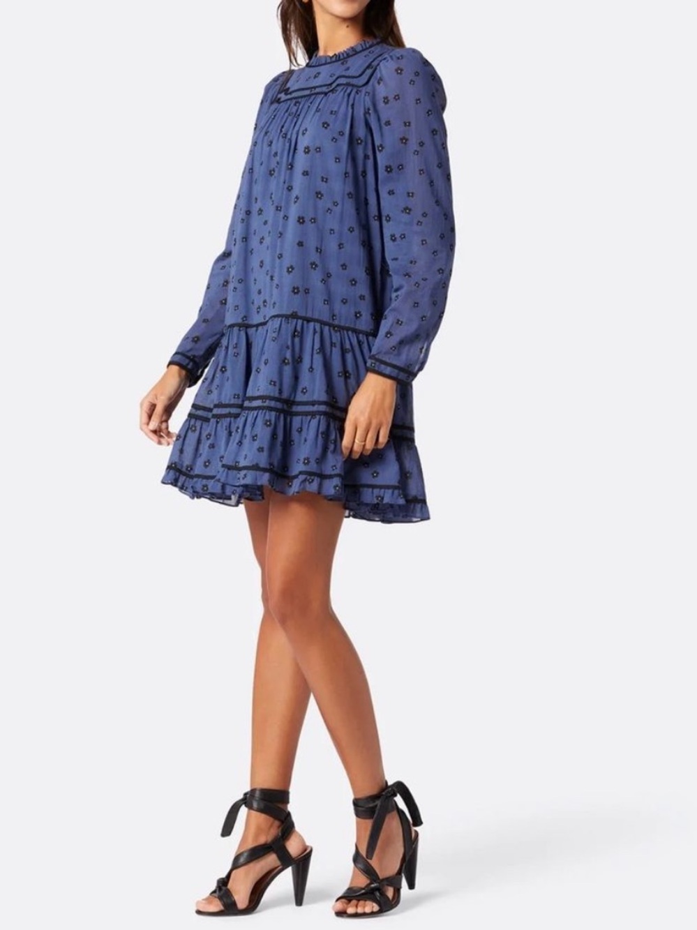 BOGO! Joie Bessin Cotton Floral Long Sleeve Tiered Mini Dress Blue Medium